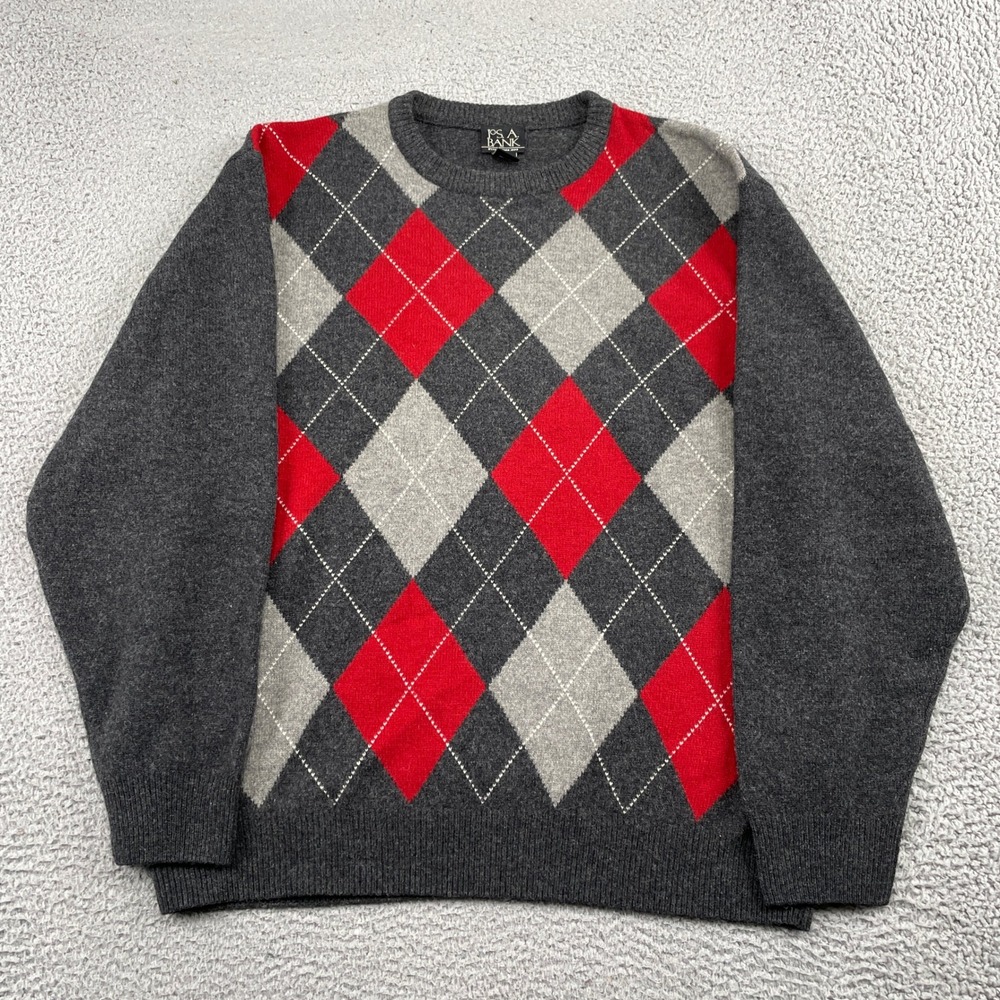 Jos. A. Bank Sweater Mens XL Grey Red Argyle Crew Neck Lambswool Blend Pullover